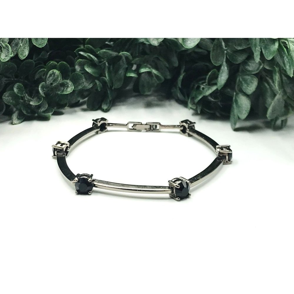 Bracelet pewter tone black rhinestones 7" length